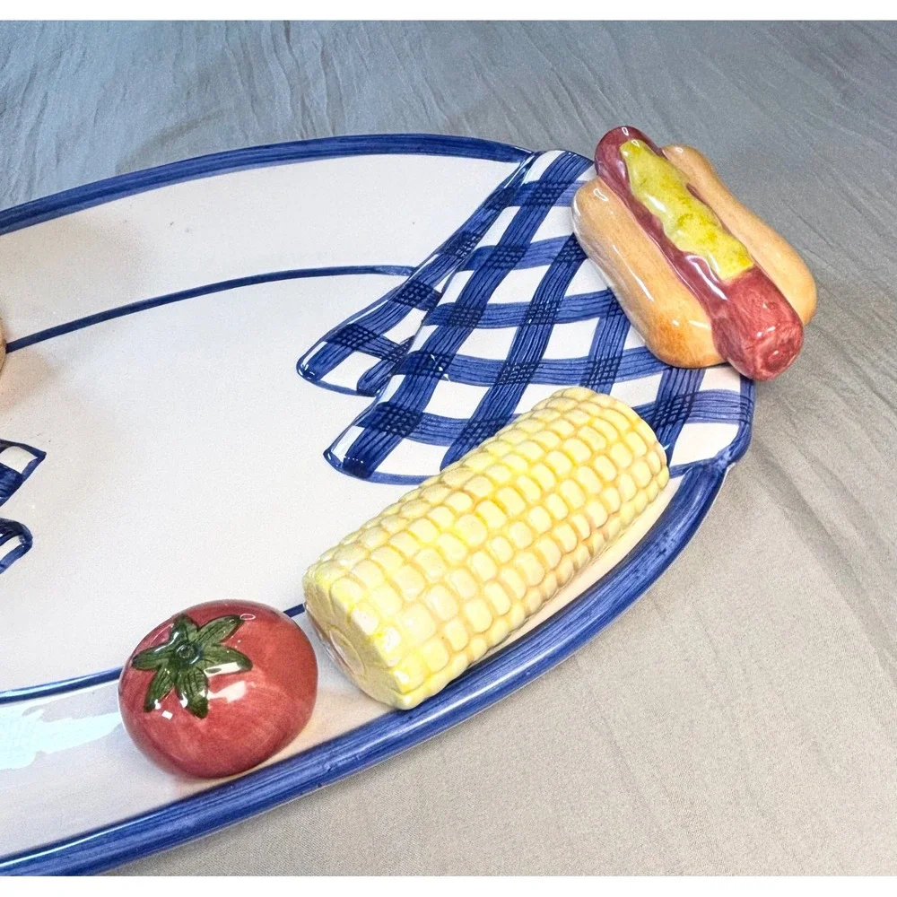 Vtg 90s lotus Ceramic BBQ Picnic Platter & Napkin Holder Set  Hot Dog hamburger